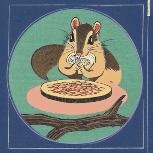 Image similar to japanese edo period woodblock print of a chipmunk eating pizza with pink blossoming cherry trees in the background