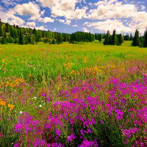 Prompt: An idyllic meadow, with wildflowers blooming and a gentle breeze blowing, peaceful and serene.