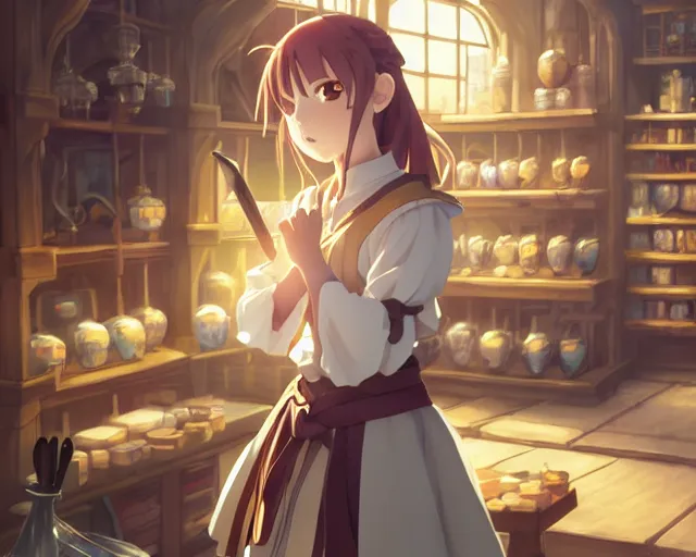 Image similar to anime visual, portrait of a young female knight in a alchemist's shop interior buying potions, cute face by yoh yoshinari, katsura masakazu, cinematic luts, cold studio lighting, dynamic pose, dynamic perspective, strong silhouette, anime cels, ilya kuvshinov, cel shaded, crisp and sharp, rounded eyes