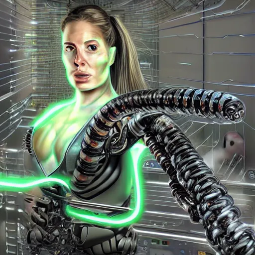 Image similar to the torso of fully a mechanical terminator lady with borg implants, human face and robotic snakes coming out of her head is hanging from cables and wires off the ceiling of an futuristic computer lab and plugged into a quantum computer. Her bottom half is missing with cables hanging out. She is taking a sip from a cup of coffee. Tiny green led lights in her cybernetics. very detailed 8k. Cyberpunk horror style.