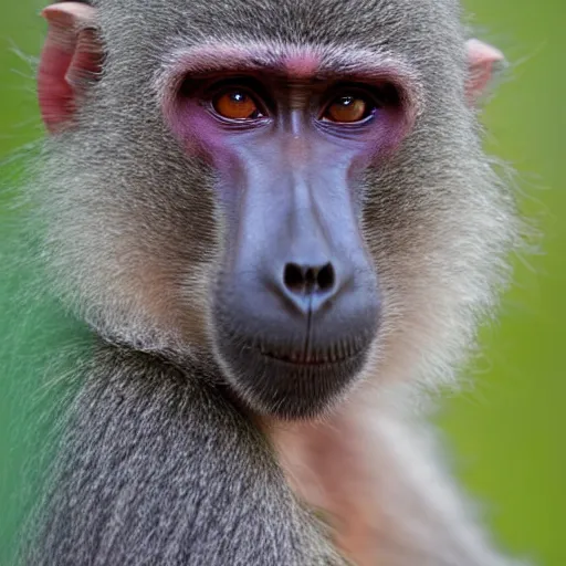 Image similar to a baboon, pink background, award - winning photography