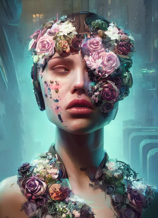 Prompt: portrait of a seductive female with flowers, cyberpunk cyborg. roses, muted colors, sci fi, intricate abstract upper body intricate artwork, by tooth wu, wlop, beeple, dan mumford. concept art, octane render, deviantart, greg rutkowski, cinematic arthouse, key art, hyper realism