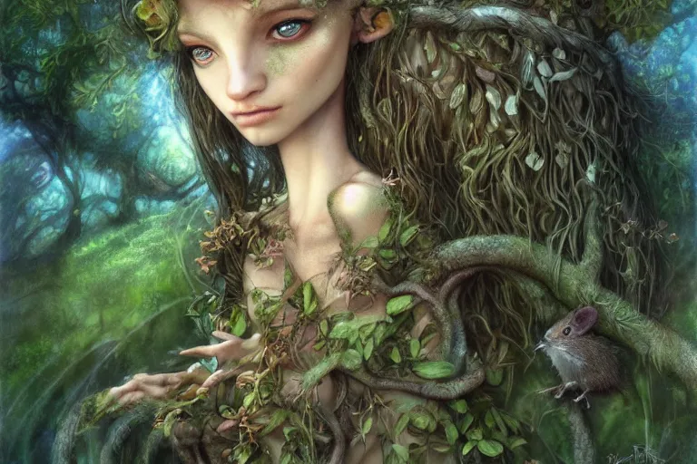 Image similar to dryad by brian froud, perfect face, accompanied by a cute feathered mouse, cinematic, stunning, highly detailed, digital painting, artstation, smooth, hard focus, illustration, art by jessica rossier and brian froud