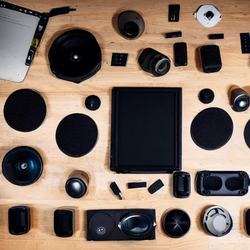 Image similar to a speaker taken apart and all its parts laid out neatly on a table