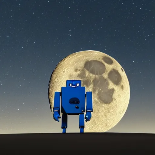 Prompt: the blue godot robot ponders looking up at the moon, vray