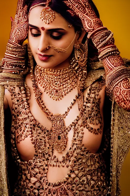 Image similar to a portrait of an indian bride, intricate henna tattoos and jewelery, dynamic pose, close - up, intricate details, intricately detailed clothing and textures, warm lighting, vivid colors, realistic octane render, hyper realistic render, volumetric shading, depth of field, raytracing, 8 k,