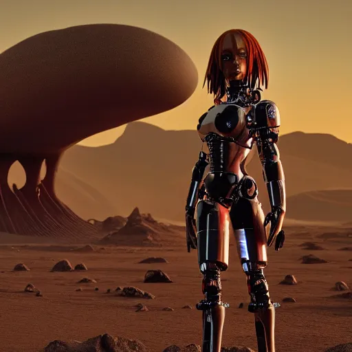 Image similar to a female woman, synthetic cyborg monster with large eyes, standing on a martian landscape, cinematic movie scene, inspired by the movie the fifth element, by kim jung gi, hyperrealistic, fine details, octane render, volumetric lighting