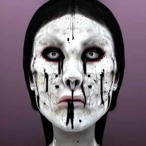 Prompt: A human with a white broken face and black tears, surprised, scary, dark background, realistic