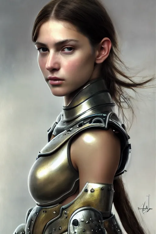 Image similar to a photorealistically painted portrait of an attractive young girl, partially clothed in dull metal-plated battle armor, olive skin, long dark hair, beautiful bone structure, symmetric facial features, perfect eyes, natural physique, intricate, elegant, digital painting, concept art, finely detailed, illustration, sharp focus, minimal artifacts, from Metal Gear, by Ruan Jia and Mandy Jurgens and Artgerm and William-Adolphe Bouguerea, in the style of Greg Rutkowski, trending on Artstation, award winning