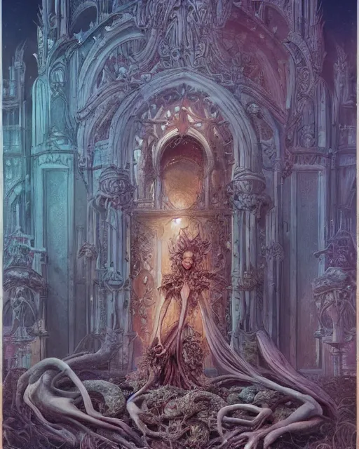 Image similar to a beautiful detailed front view of a dead rotten princess with ornate growing around, ornamentation made of baroque architecture, elegant, beautifully soft lit, by wayne barlowe, peter mohrbacher, kelly mckernan
