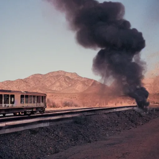 Prompt: a highly detailed photograph of an old train shooting smoke during winter in arizona, trending on artstation, portra 4 0 0 kodak - h 6 0 0 - w 7 0 0