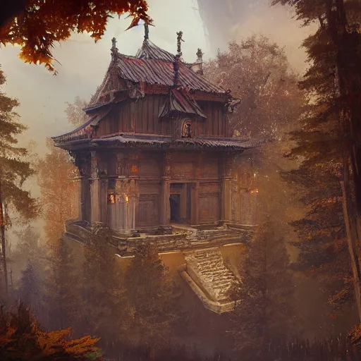 Image similar to wooden slavic temple view from high, greg rutkowski,