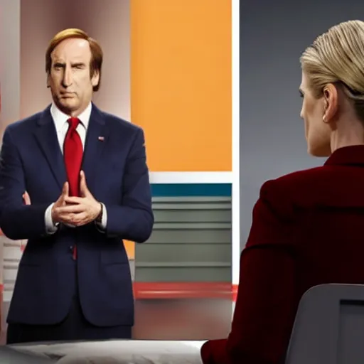 Prompt: presidential debate between saul goodman and kim wexler, ultra realistic, photorealistic, cinematic