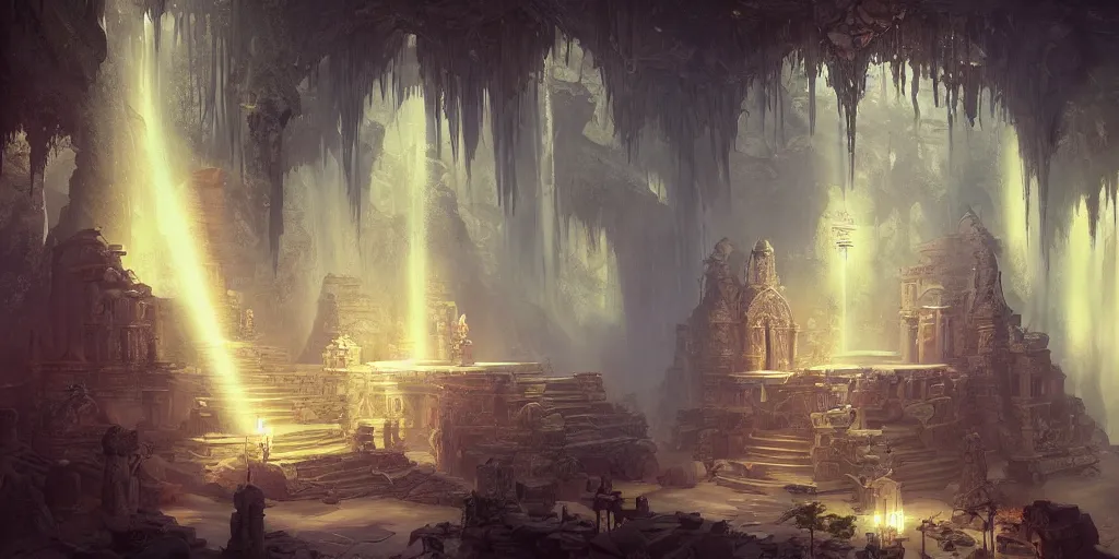 Prompt: Detailed Interior of Temple Ruins, Waterfall walls, light of god, bloom light shafts, incense, stunning atmosphere, in Style of Peter Mohrbacher, cinematic lighting