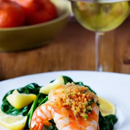 Image similar to a photograph of shrimp and spinach stuffed chicken with lemons