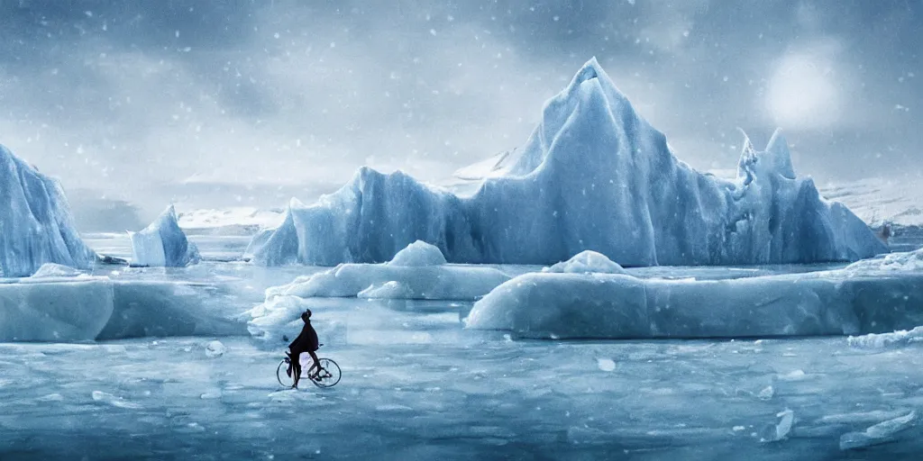 Image similar to A majestic arctic landscape featuring an iceberg and frozen sea. There is a man riding a bicycle. Snow is falling. Cinematic, very beautiful, painting in the style of Lord of the rings