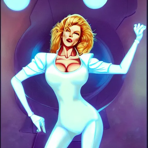 Image similar to kim basinger as holli from the movie cool world, fullbody, huggy - wuggy in poppy playtime video game, cartoon, ultra high detailed, glowing lights, illustration, greg rutkowski, ralph bakshi, hyperrealistic, dynamic lighting, fantasy art, beautiful face