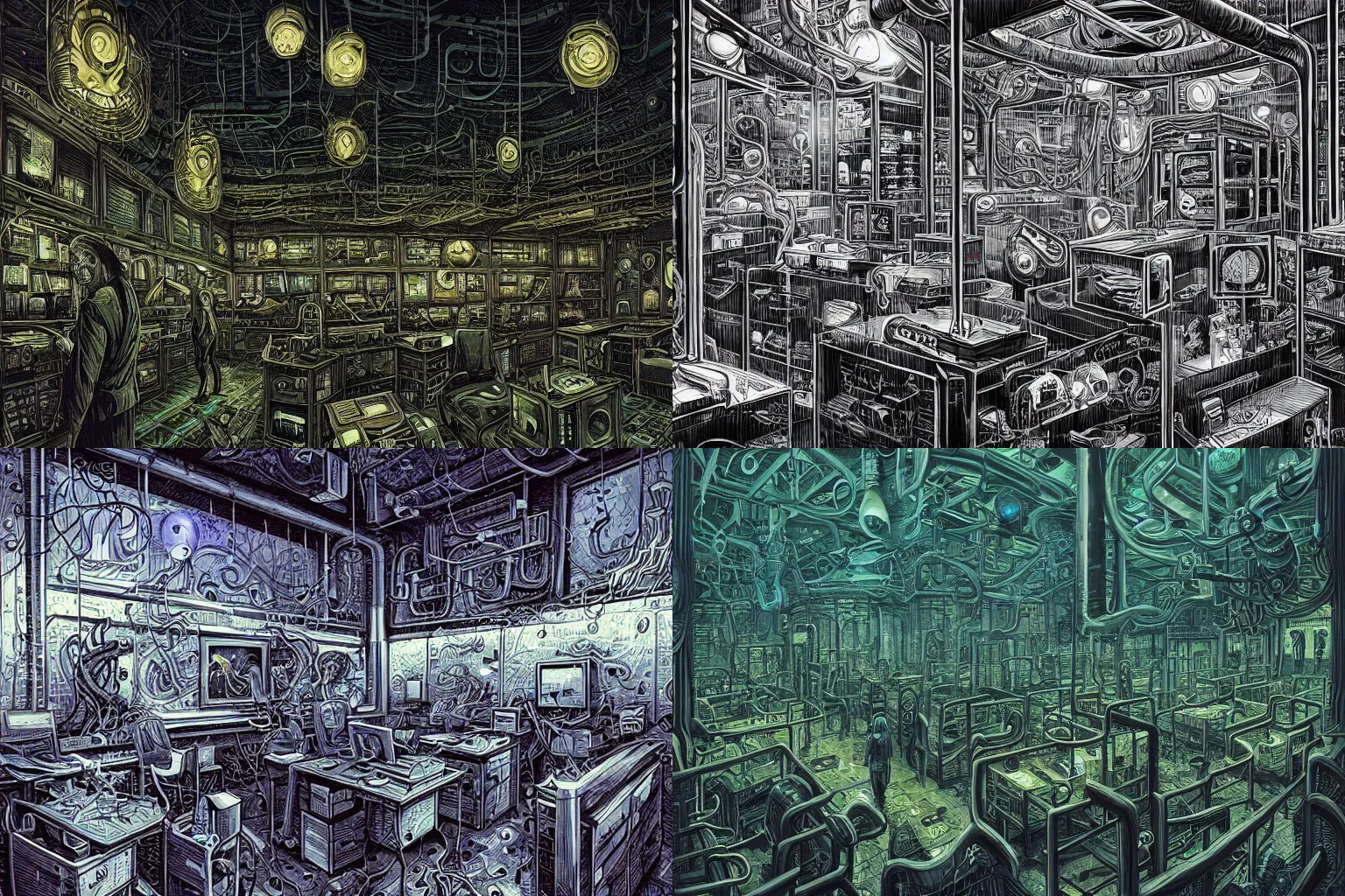 Prompt: lovecraftian office with terminals where humans are plugged into neural links and forced to dream for the eldritch overlords, by hr giger, dan mumford