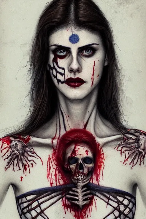 Prompt: woman covered with blood, covered with skeleton tattoo, alexandra daddario face!!!, masterpiece portrait, long red hair, beautiful blue eyes, ultra realistic, concept art, intricate details, highly detailed, photorealistic, octane render, 8 k, unreal engine. retro film still, heavy grain, 3 5 mm, art by artgerm and greg rutkowski and alphonse mucha