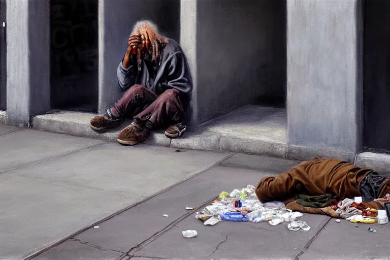 Image similar to ( ( a beautiful 8 k photorealistic masterpiece oil painting ) ( of ( a homeless man using crack in a los angeles sidewalk ) ) ) ( hyperrealism ) ( 1 6 k ) ( trending on artstation )
