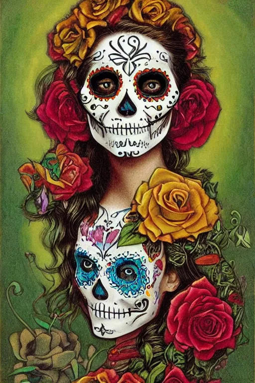 Prompt: Illustration of a sugar skull day of the dead girl, art by edward robert hughes