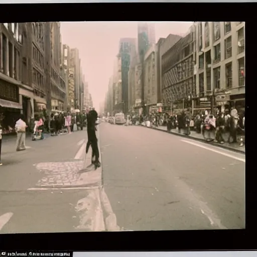 Prompt: wide-shot very low-angle eyesight photo of a rat at the street in New York, polaroid photo, by Andy Warhol, signed