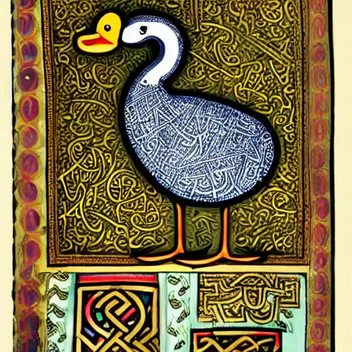 Image similar to book of kells, illustration of a duck