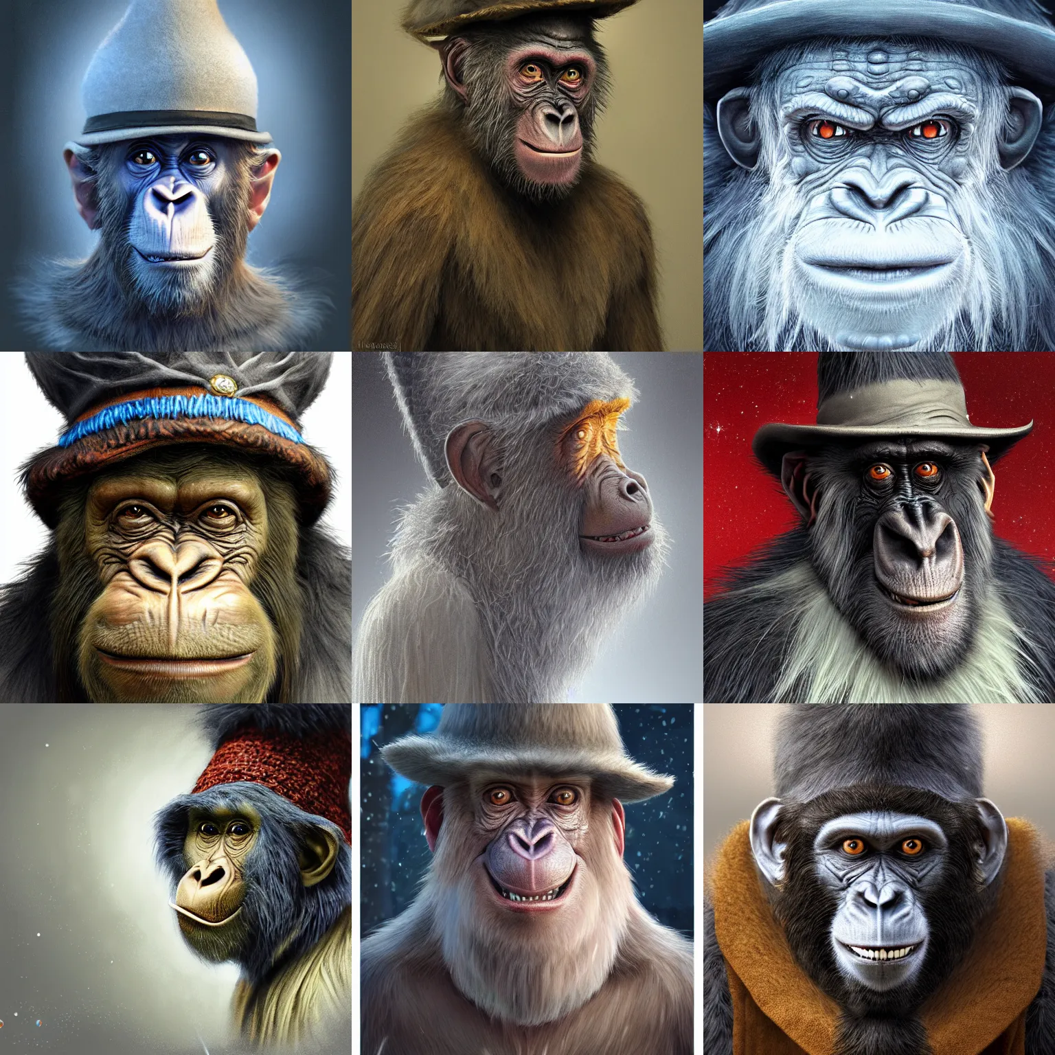 Prompt: a wlop 3 d render of very very very very highly detailed beautiful mystic portrait of a horror ape mage with stylish hat and frosty background by anton pieck, intricate, extremely detailed, micro detail, digital painting, artstation, concept art, smooth, sharp focus, illustration, intimidating lighting, incredible art,