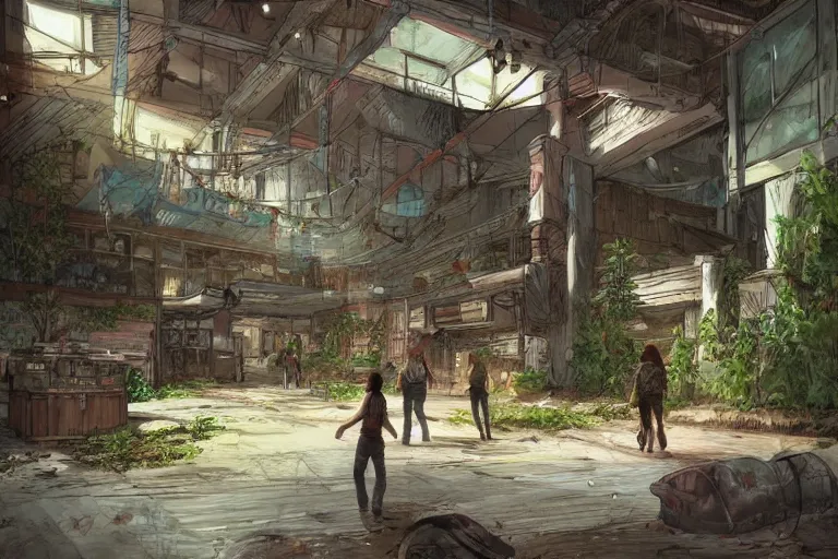 Image similar to detailed concept art in the style of last of us of west edmonton mall