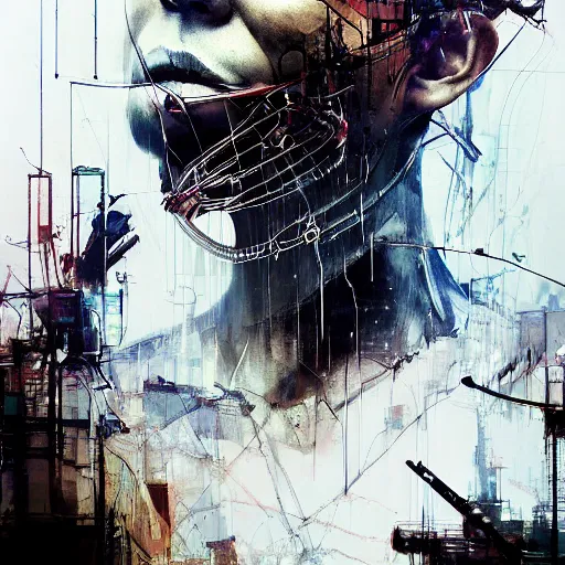 Image similar to cybernetic dream hunter, cyberpunk, wires, skulls, machines by emil melmoth zdzislaw belsinki craig mullins yoji shinkawa realistic render ominous detailed photo atmospheric by jeremy mann francis bacon and agnes cecile ink drips paint smears digital glitches glitchart