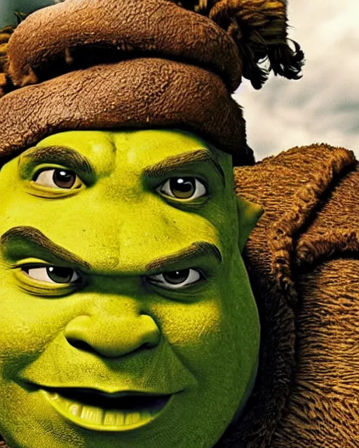 Prompt: film still close up shot of dwayne johnson as shrek from the movie shrek the third. photographic, photography