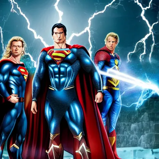 Image similar to Ultra-high resolution. Thor, Superman and Dr. Manhattanin in the Fortress of Solitude. Thor holding Mjolnir, Mjolnir shooting out lightning bolts, Vegvesir symbol in background.