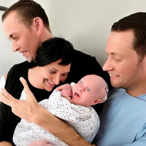 Prompt: a photo of a white man and his dark haired wife that are happy with their 3 month old baby boy. the man has a mid fade haircut. he is only attracted to woman. no other men can be seen in the photo. for some reason this has to be defined because the ai assumed men with midnfade haircuts must be into other men??