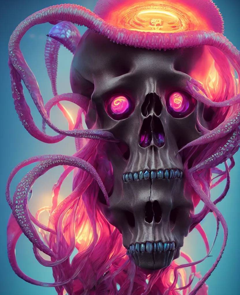 Image similar to goddess close - up portrait human skull, ram skull, squid phoenix jellyfish, orchid, betta fish, bioluminiscent, intricate artwork by tooth wu and wlop and beeple. octane render, trending on artstation, greg rutkowski very coherent symmetrical artwork. cinematic, hyper realism, high detail, octane render, 8 k