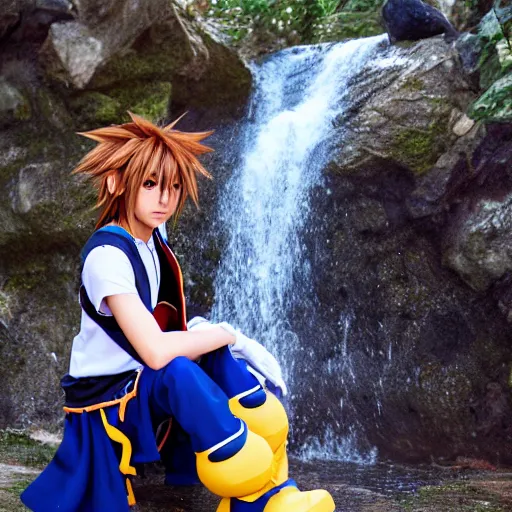 Prompt: of photo photography of kingdom hearts sora cosplay looking up with waterfall behind him