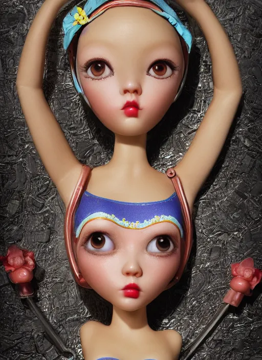 Image similar to closeup portrait of tin toy girl bunny bikini, depth of field, zeiss lens, detailed, symmetrical, centered, fashion photoshoot, by nicoletta ceccoli, mark ryden, lostfish, breathtaking, 8 k resolution, extremely detailed, beautiful, establishing shot, artistic, hyperrealistic, octane render