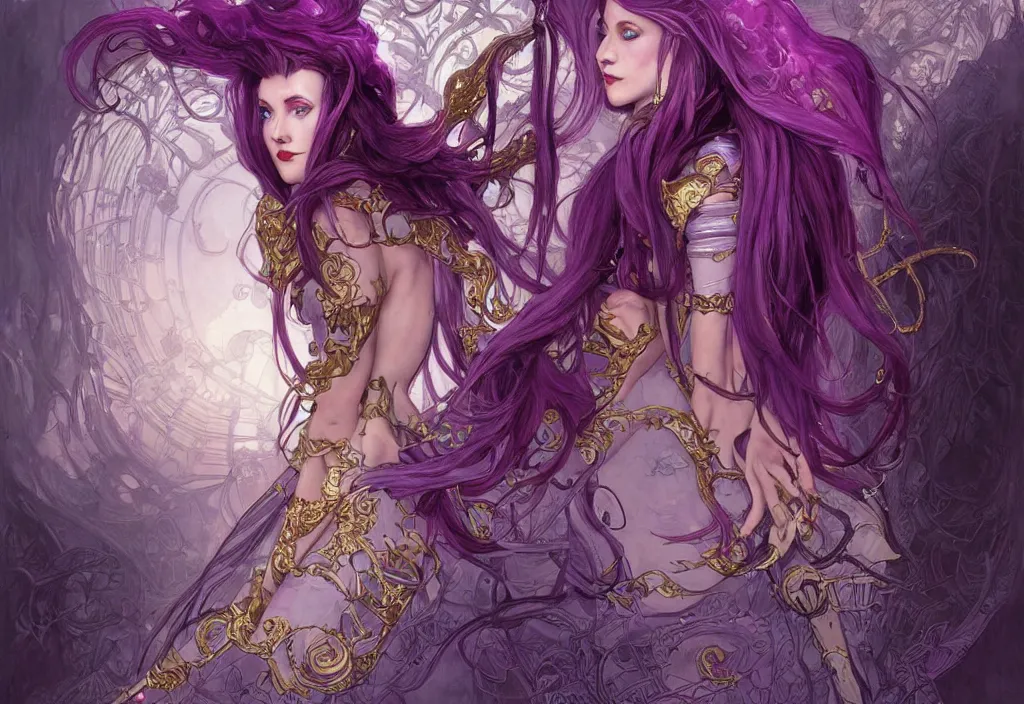 Image similar to vampire with purple hair in sci - fi bionic armor, highly detailed, very intricate, art nouveau, gold filigree, romantic storybook fantasy, soft cinematic lighting, award - winning, disney concept art watercolor illustration by mandy jurgens and alphonse mucha and alena aenami, pastel color palette, featured on artstation