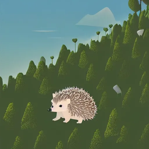 Image similar to A hedgehog on top of a mountain about to jump down the slope, from above you can see the entire forest full of trees and life, ilustration art by Goro Fujita