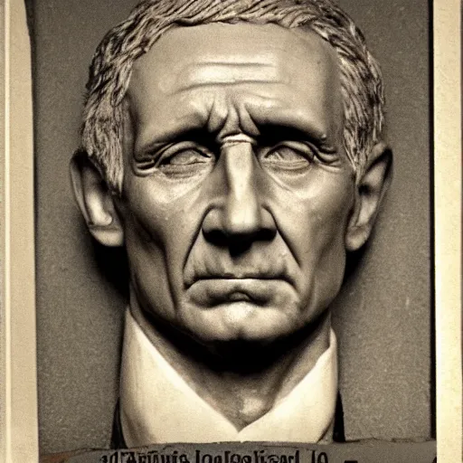 Prompt: closeup julius caesar mugshot