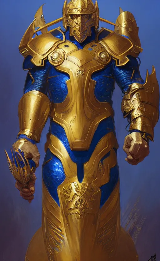 Prompt: Superheavy warrior king in blue and gold massive armor of thick steel plates, fantasy, highly detailed, digital painting, artstation, concept art, smooth, sharp focus, illustration, art by artgerm and greg rutkowski and alphonse mucha