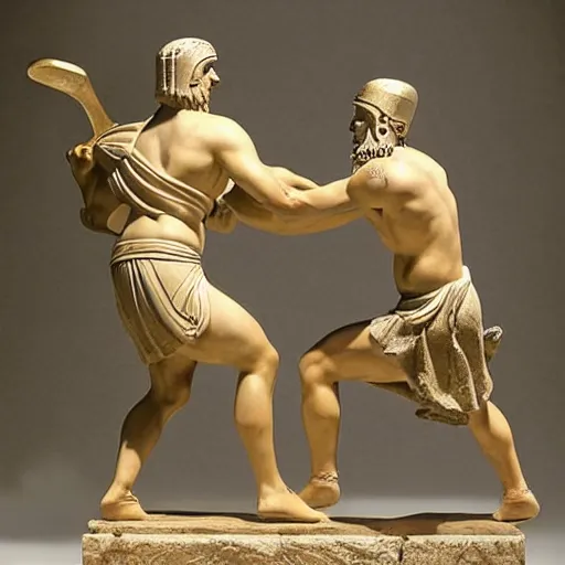 Prompt: ducks! fighting against greek warriors, ancient greek statue, epic, detailled