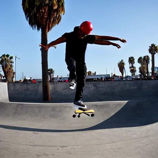 Image similar to skater wearing nike sb dunks doing a kickflip at the venice beach skatepark