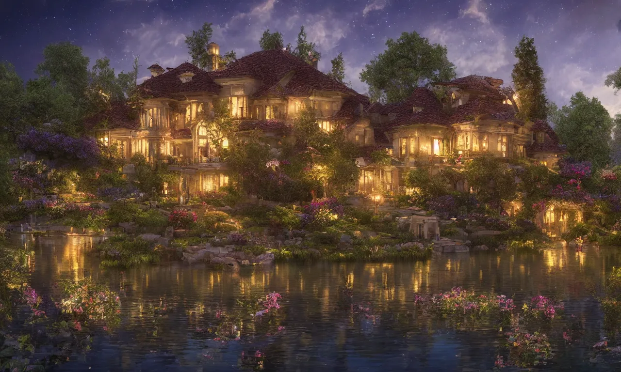 Prompt: a stunning beautiful renaissance - style lake house in the moonlit nightscape, house by the reflective lake in the evening, dreamy, lamps and flowers, beautiful garden, highly detailed, perfect landscape, artstation, 4 k