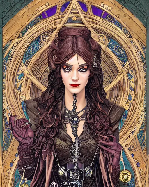 Prompt: a detailed portrait illustration of a steampunk sorcerer. beautiful transgender female face. art nouveau, pop art, comic book style. influenced by neil gaiman, h. p. lovecraft, dan mumford, brian froud, vadim voitekhovitch, killian eng, ross tran, karol bak.