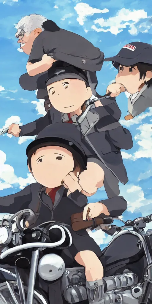 Image similar to Bernie Sanders and Kino from Kino’s Journey (2003) riding a motorcycle together. Digital illustration, digital art, 4k