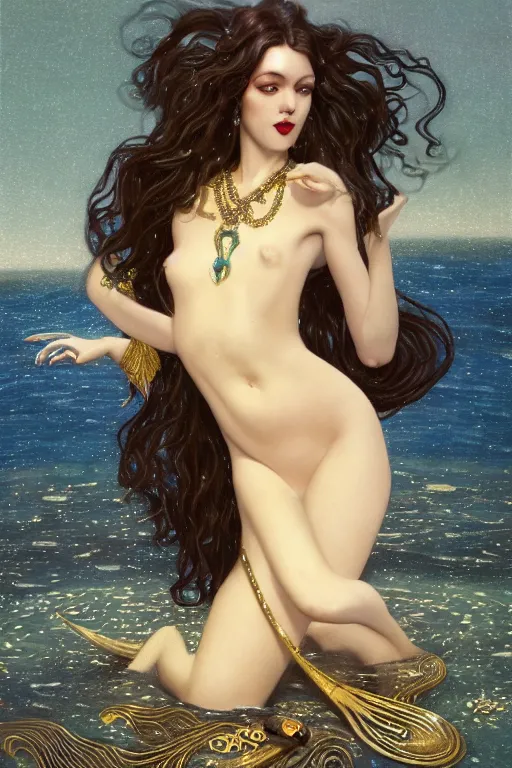 Image similar to a beautiful dark androgynous mermaid, pinup pose, long hair, tall and thin, wearing dozens of pendants and a gown of gold, illustration, dramatic lighting, soft details, painting oil on canvas, art nouveau, iridescent scales on her body, fish tail, octane render, HDR, 4k, 8k, HD, by Edmund Blair Leighton, Brom, Charlie Bowater, j.c. Leyendecker, faces by otto schmidt