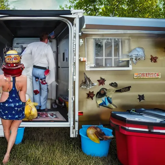 Image similar to redneck astronaut summer grillparty in trailer park, detailed, cinematic photo