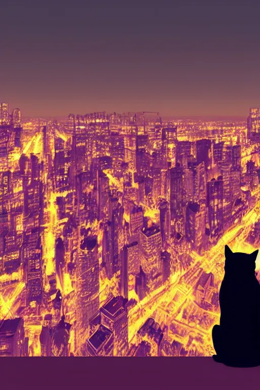 Image similar to cat overlooking bustling downtown city at night, pixel digital artstyle HD
