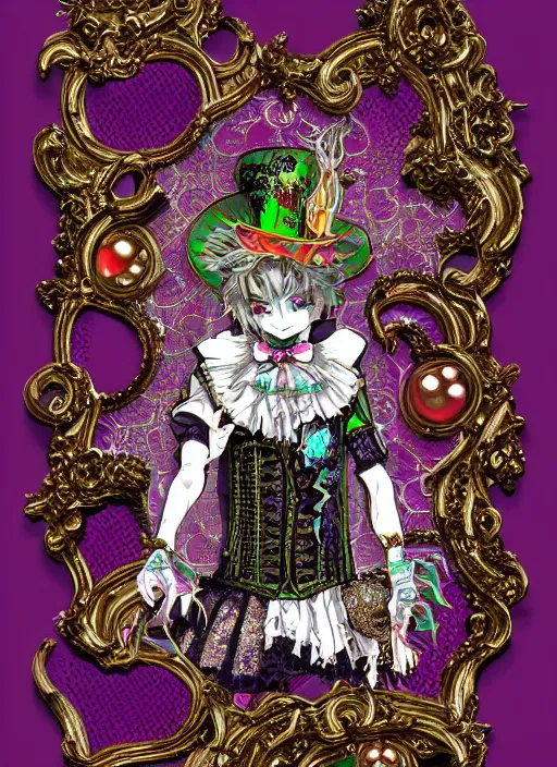 Image similar to baroque bedazzled gothic royalty frames surrounding a pixelsort emo demonic horrorcore Japanese maximalist decora Mad Hatter, sharpened early computer graphics, remastered chromatic aberration
