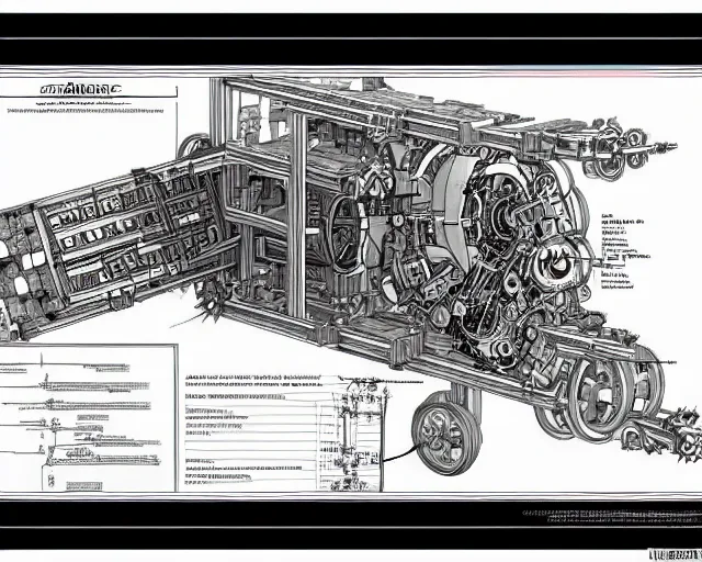 Image similar to a full page of a mechanical blueprint showing a simple cutaway design for a small mechanized wolf from howl's moving castle ( 2 0 0 4 ), with a pilot inside, muted colors, post grunge, studio ghibli, hq